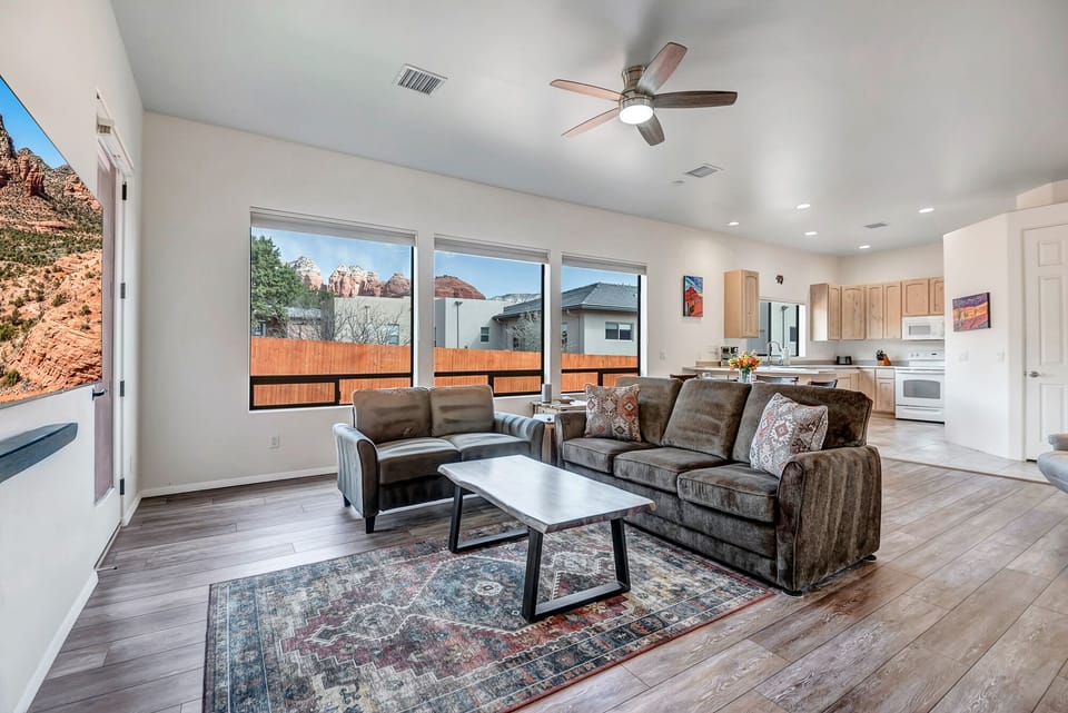 Living Room with a 55" Roku TV and Soundbar/woofer