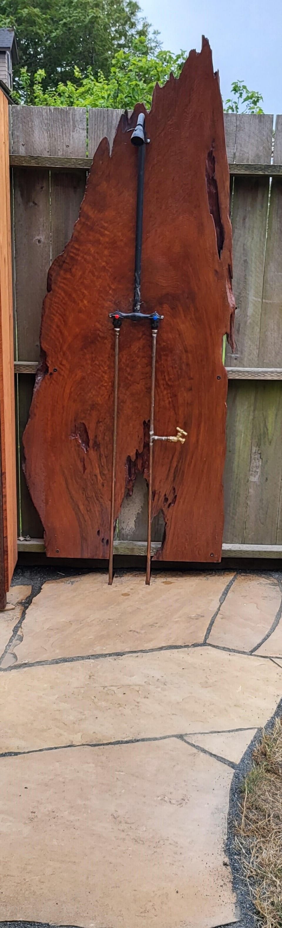 Outdoor Redwood Burl Shower next to Hot Tub