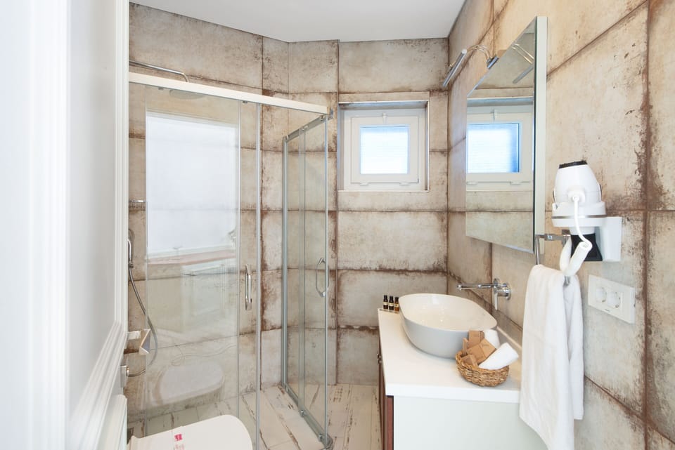 Shower, rainfall showerhead, hair dryer, bathrobes