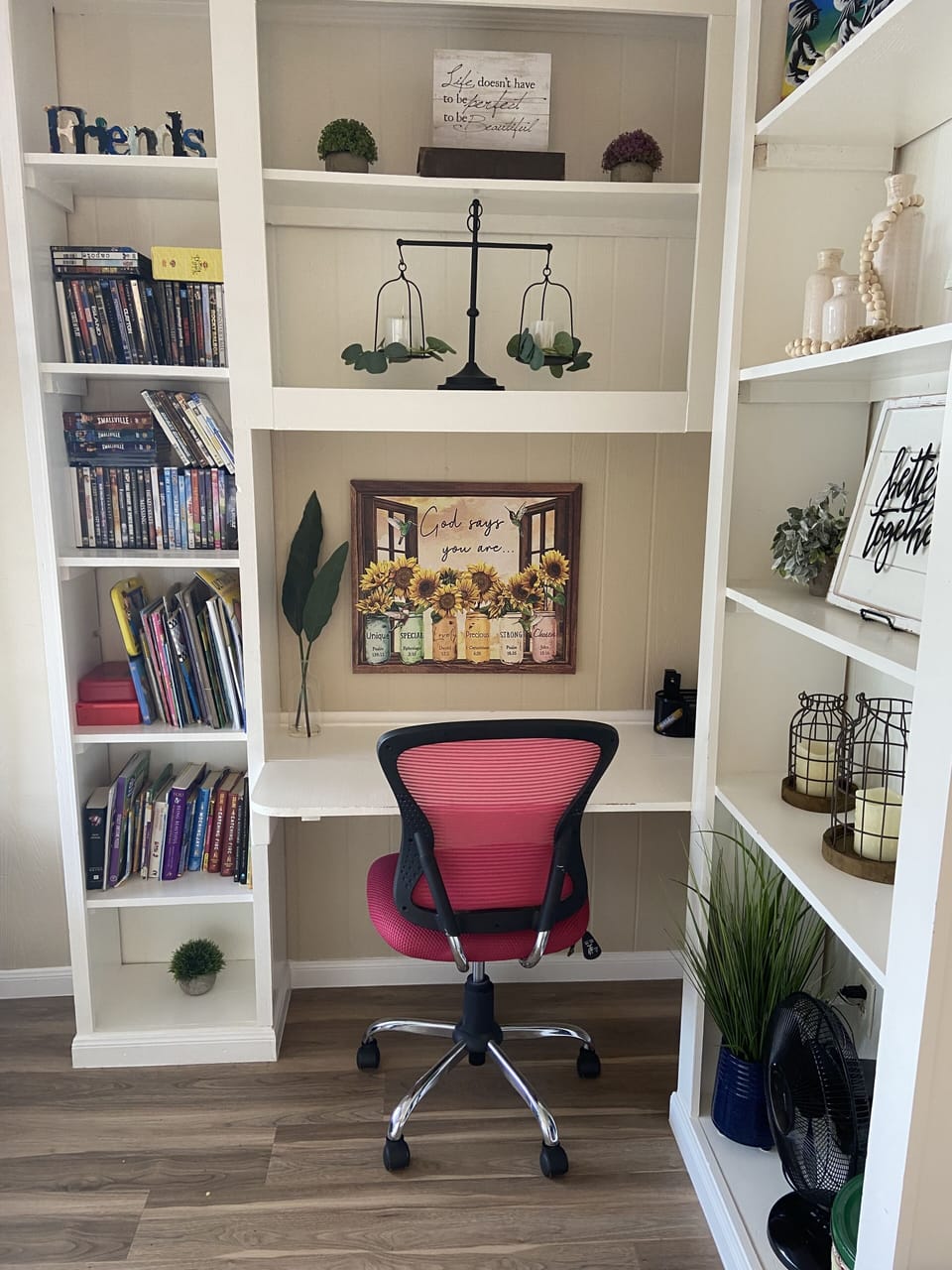 Work area with desk and chair. Lots of DVDs, coloring books, and activities!