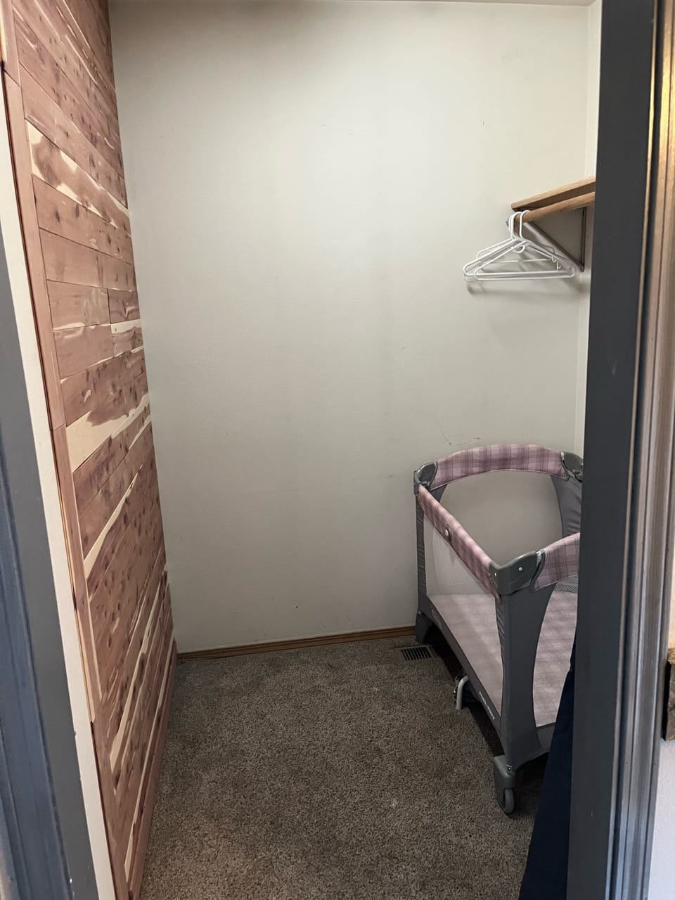 Large closet can be used for small child with pack and play 