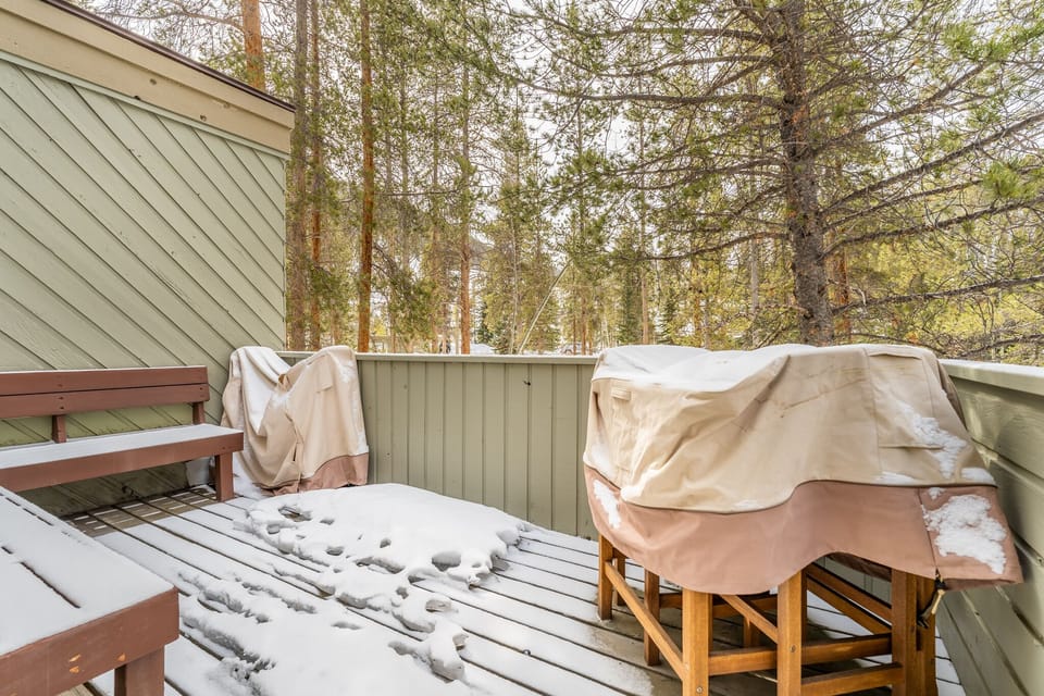 Snow-dusted deck with covered outdoor furniture surrounded by towering pine trees.