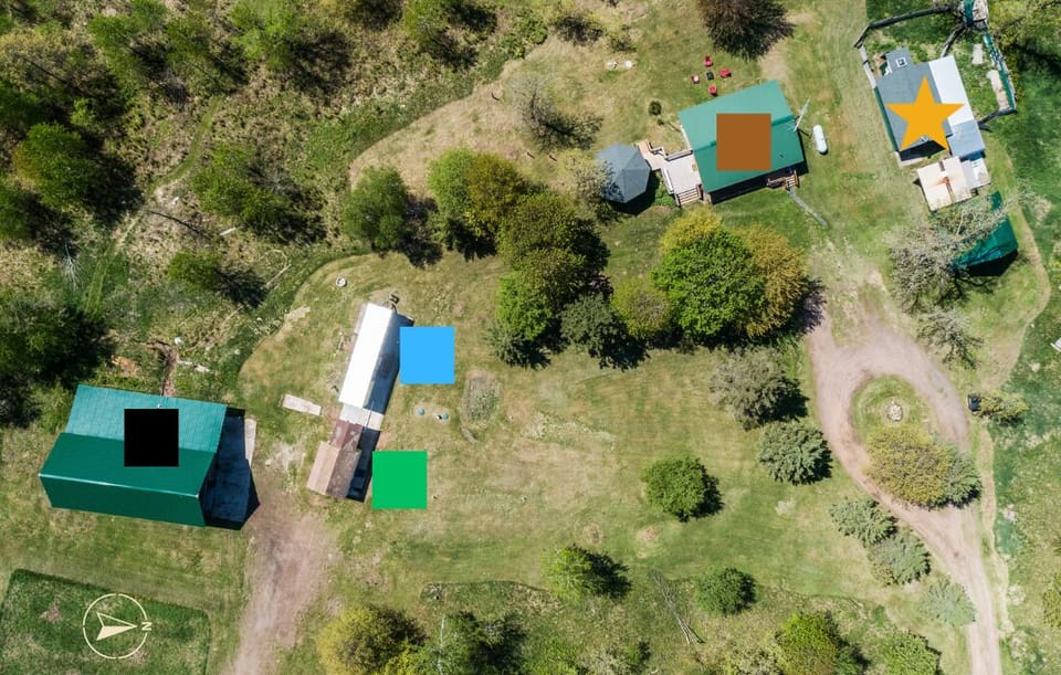 Star:Rec Room; Blue sq: Blue Tiny Home; Green sq: Green Tiny. Take 1st driveway