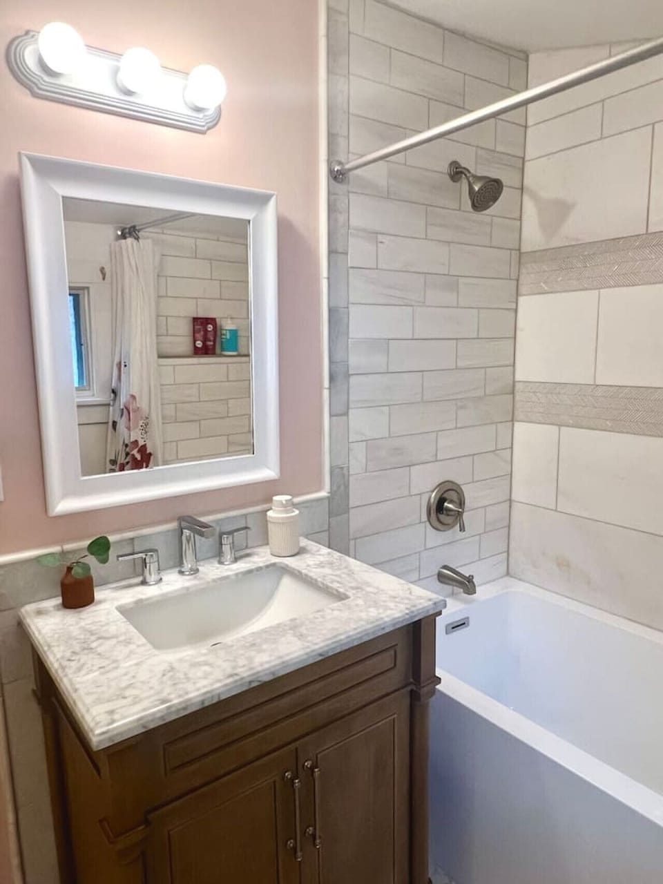 New marble shower and deep soaking tub.