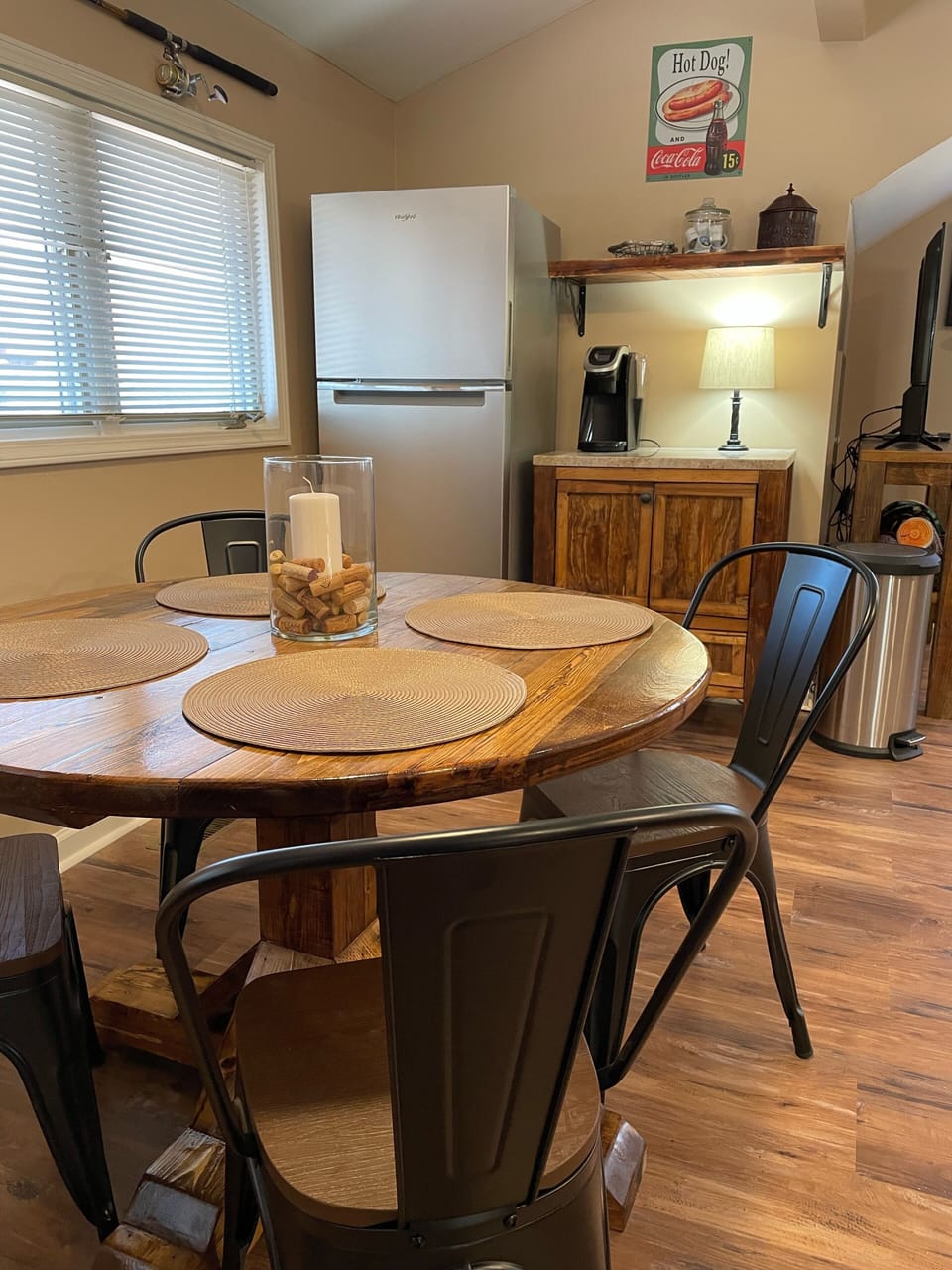 Kitchenette with full size refrigerator, microwave and pod coffee maker.  