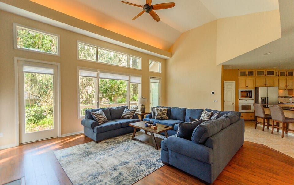 Sun-drenched living room with new furnishings