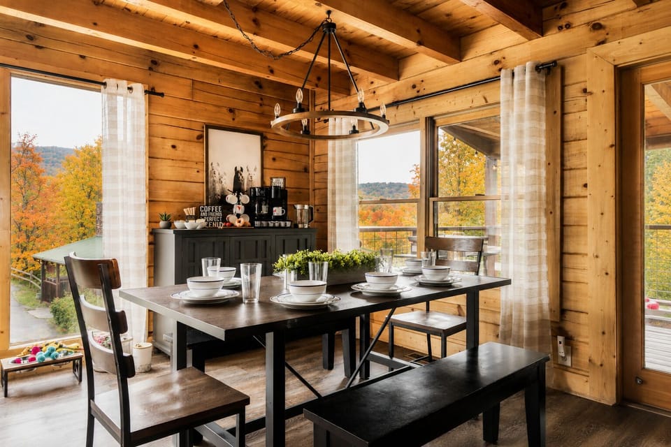 Dining area at the Roost, with Smoky Mountains beyond. Additional seating at kitchen island.