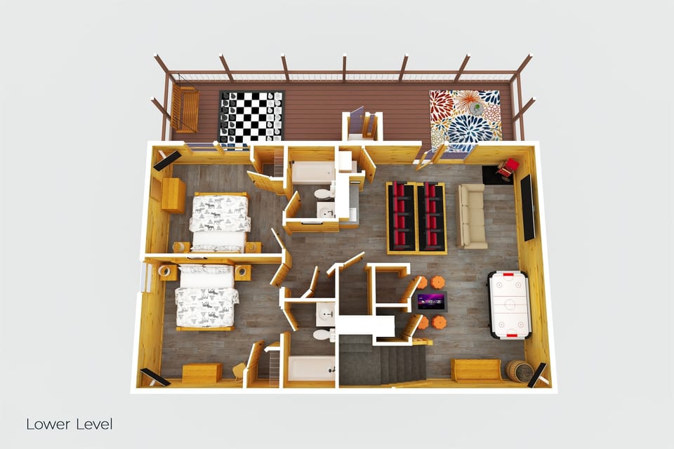 Lower level features 2 queen bedrooms with ensuite baths, our game room and theater room, laundry closet, outdoor giant chess/seating/and infrared sauna!