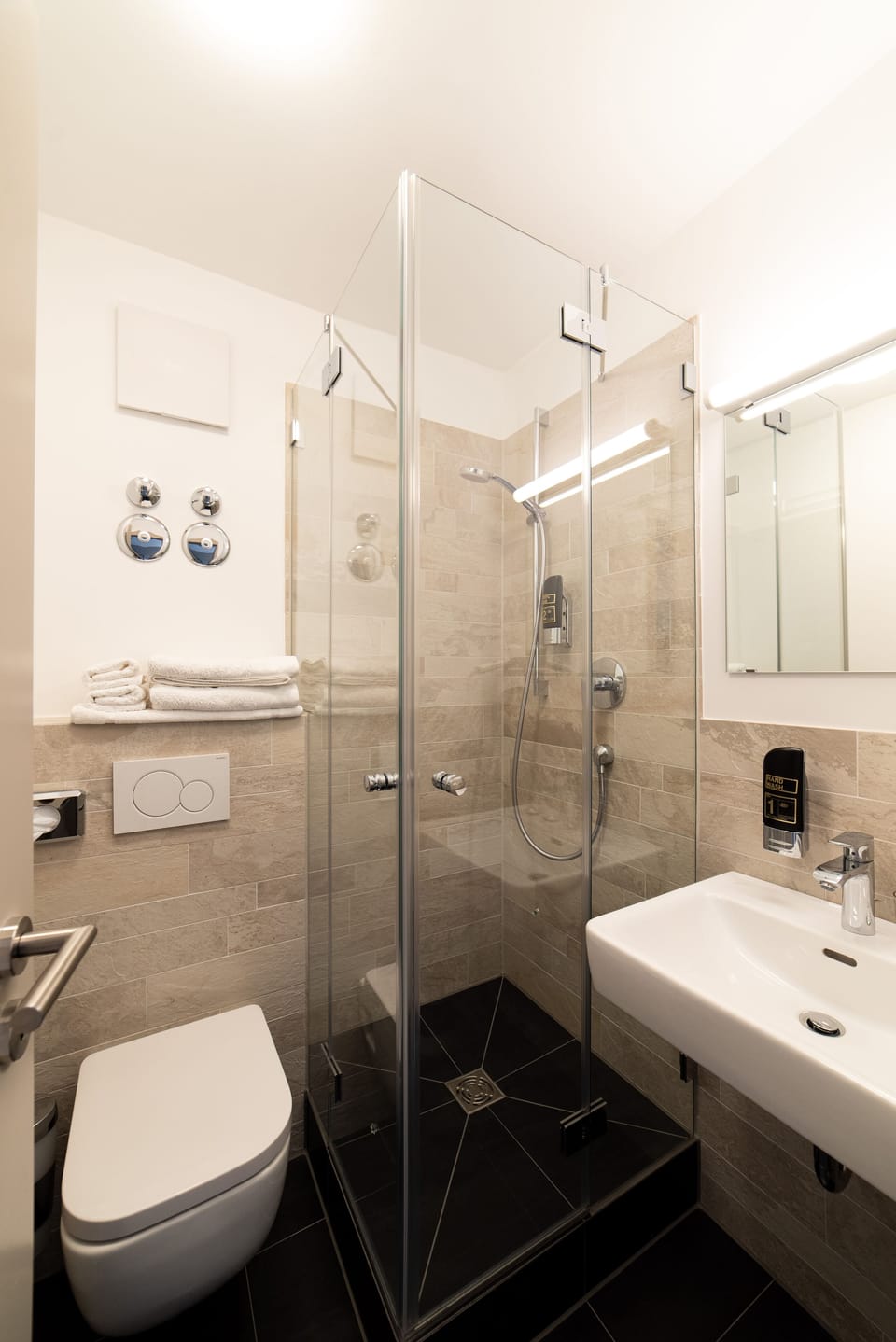 Shower, rainfall showerhead, hair dryer, slippers