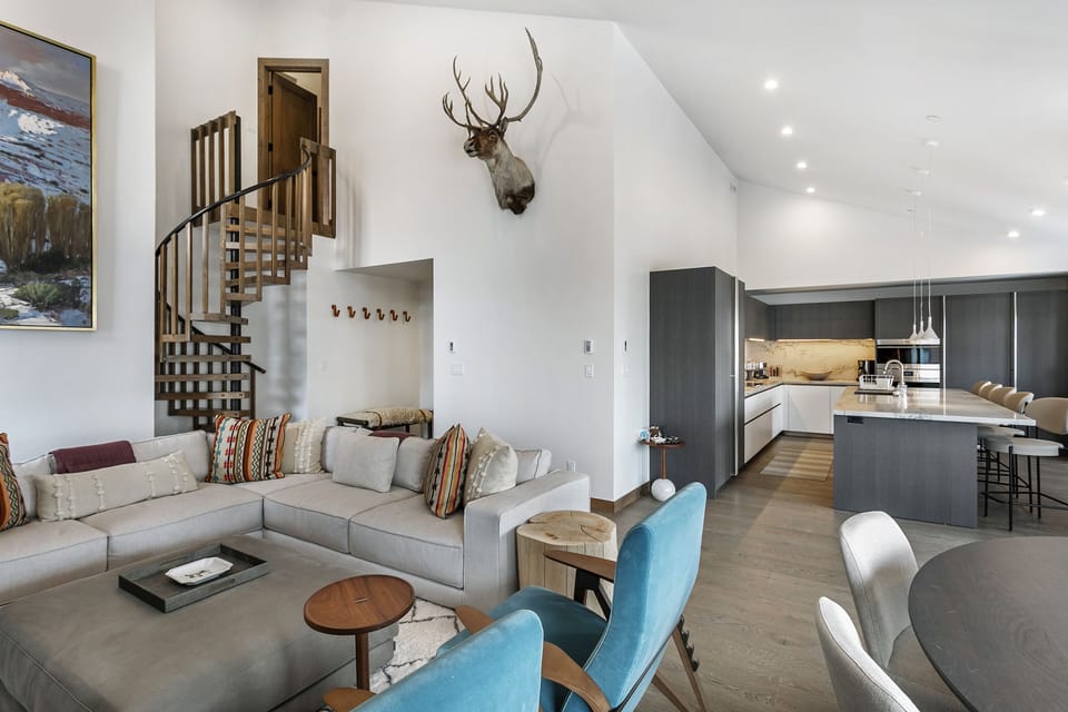 Sectional and view of kitchen