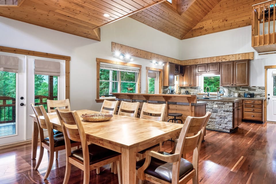 Spacious oak dining room table with ample seating and dining
