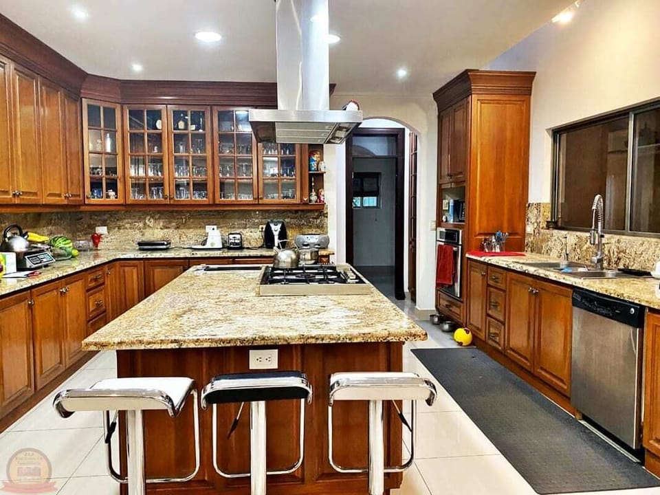 Enormous granite kitchen with chef's food-storage room for social events