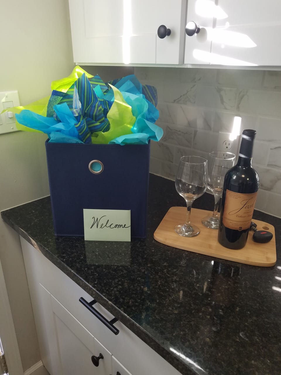 A gift basket and bottle of wine will greet you at arrival. Fancy!