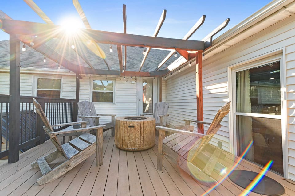 2nd Floor deck with a cozy firepit and plenty of privacy.