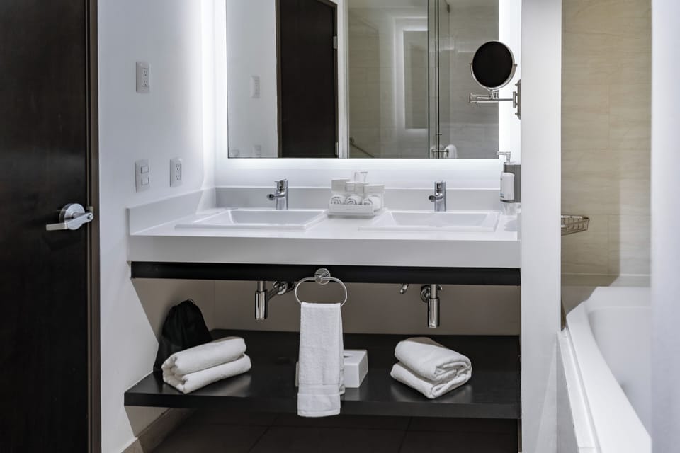 Suite | Bathroom | Rainfall showerhead, hair dryer, towels, soap