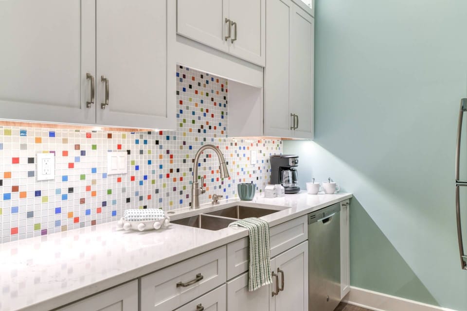 The modern kitchen is fully stocked.