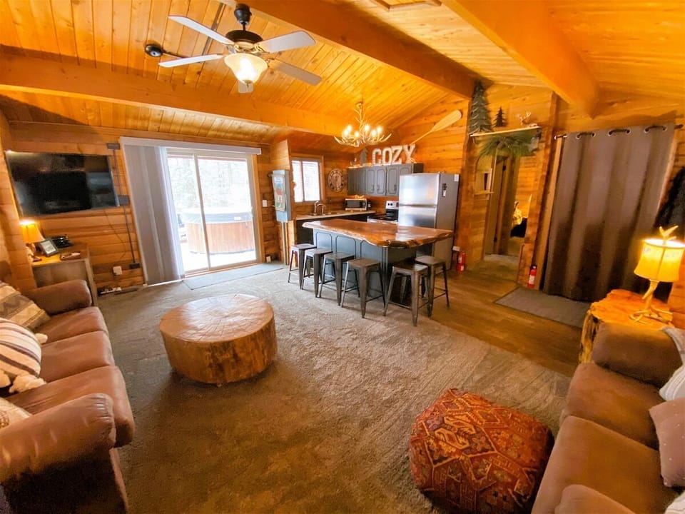 Living area with wood burning stove, Sat/Smart TV,