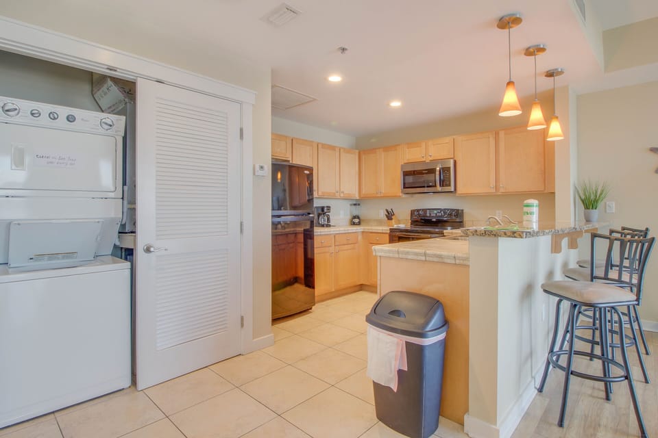 Barstool seating perfect for breakfast + brunch! We also have a great washer / dryer stack!