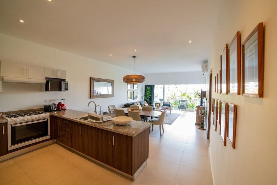 The kitchen is fully furnished and equipped with all you would need to feel at home, including a water softener and 2 coffee machines, one Dolce Gusto and one Filter Coffee.