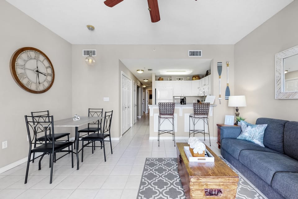 Open concept living dining with memory foam sleeper sofa