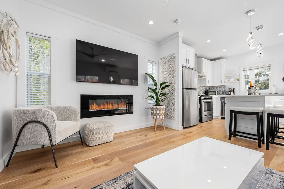 Smart TV and romantic fireplace