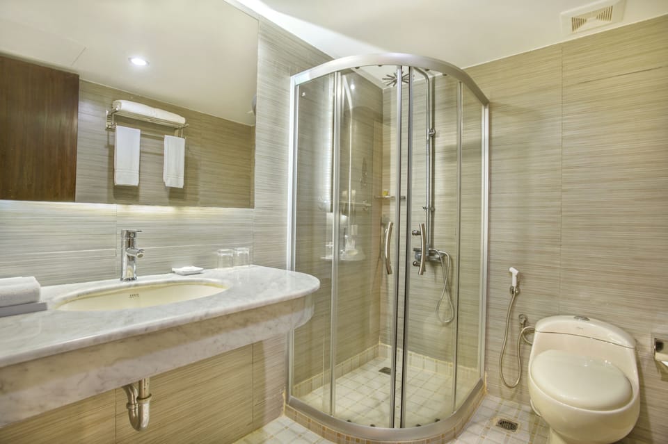 Rainfall showerhead, hair dryer, slippers, towels