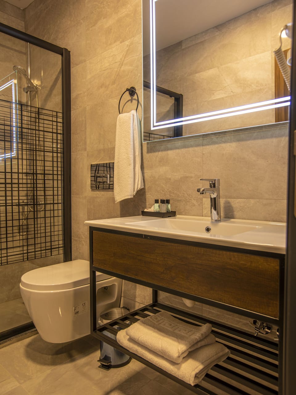 Shower, rainfall showerhead, hair dryer, slippers