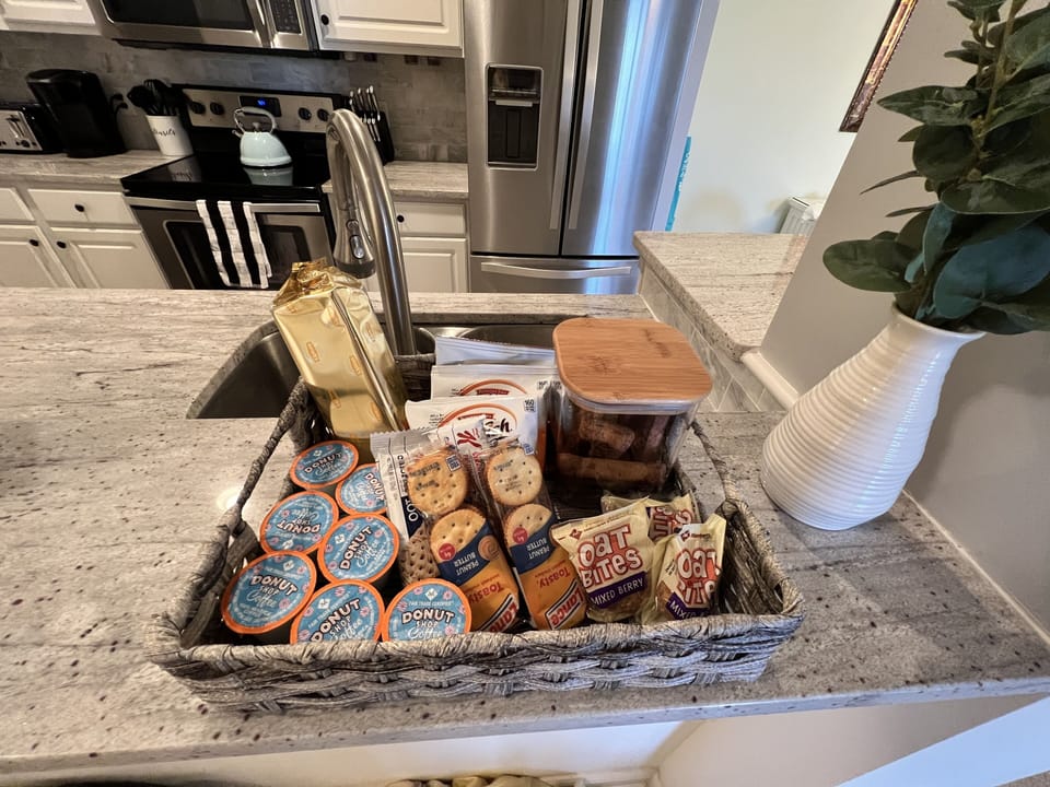 Coffee, tea, snacks, and dog treats