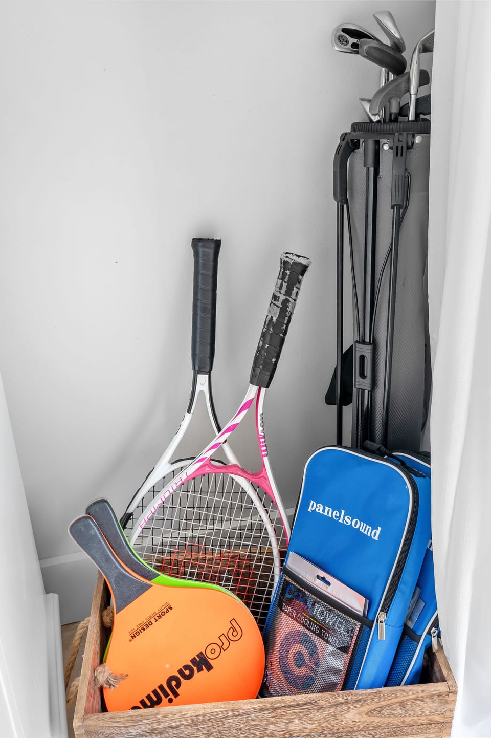 Tennis rackets, Pickle ball rackets, Pitch & Putt Golf clubs and bag