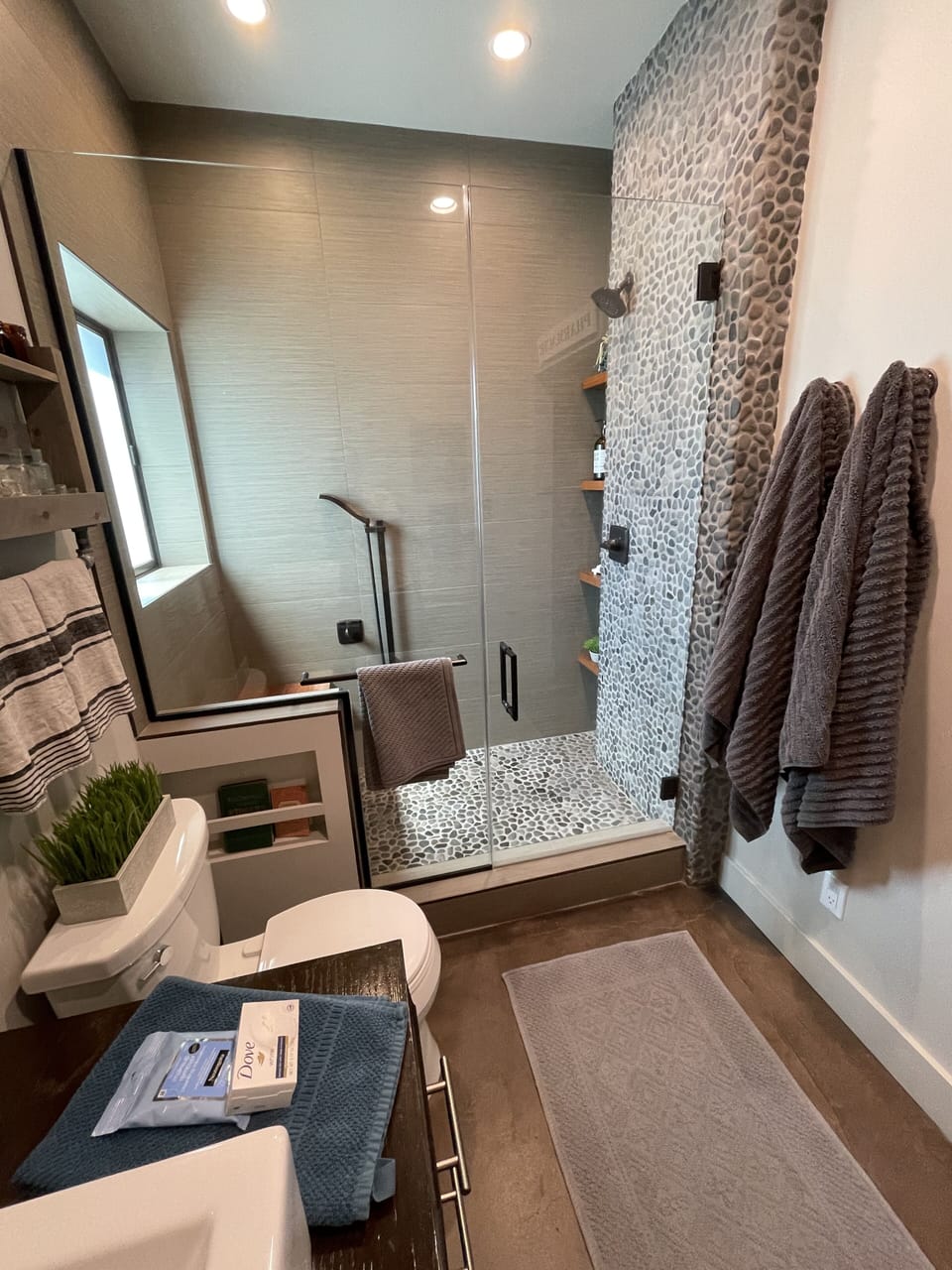 Bathroom with beautiful custom shower and vanity.  