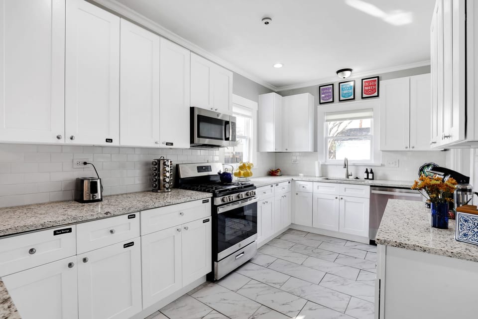 The kitchen includes an oven, gas stove, dishwasher, refrigerator, freezer, and ample counter space to do as much cooking as you wish to do.