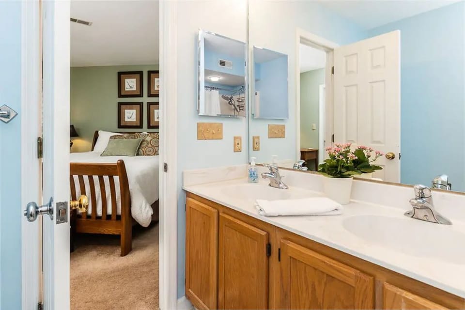 View to master bedroom from master bath. 
