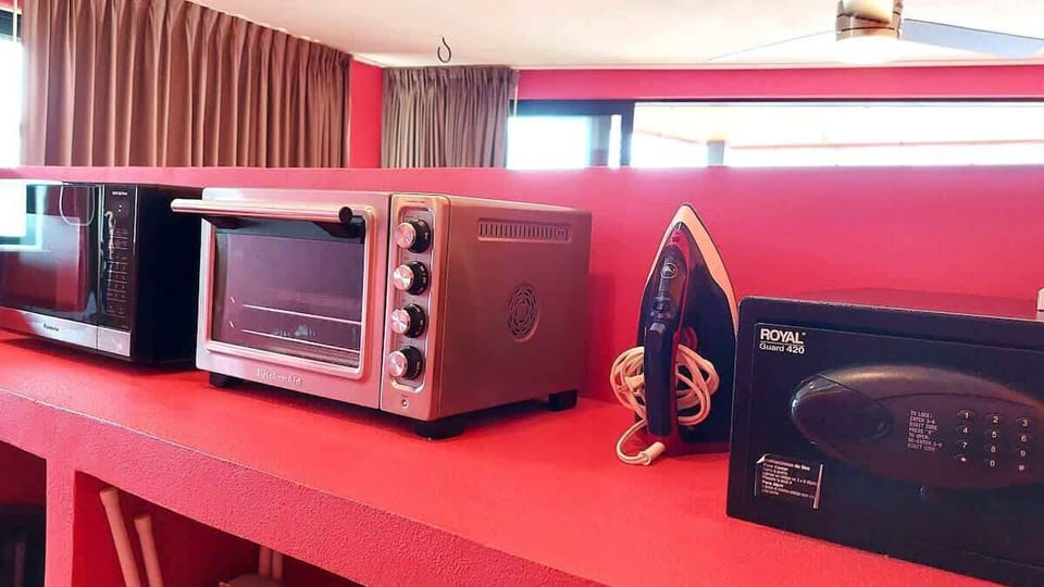 The kitchenette is great for reheating leftovers or snacks during your stay. Large toaster oven, Microwave.  Iron, personal laptop size safe and amenities to make your stay comfortable.