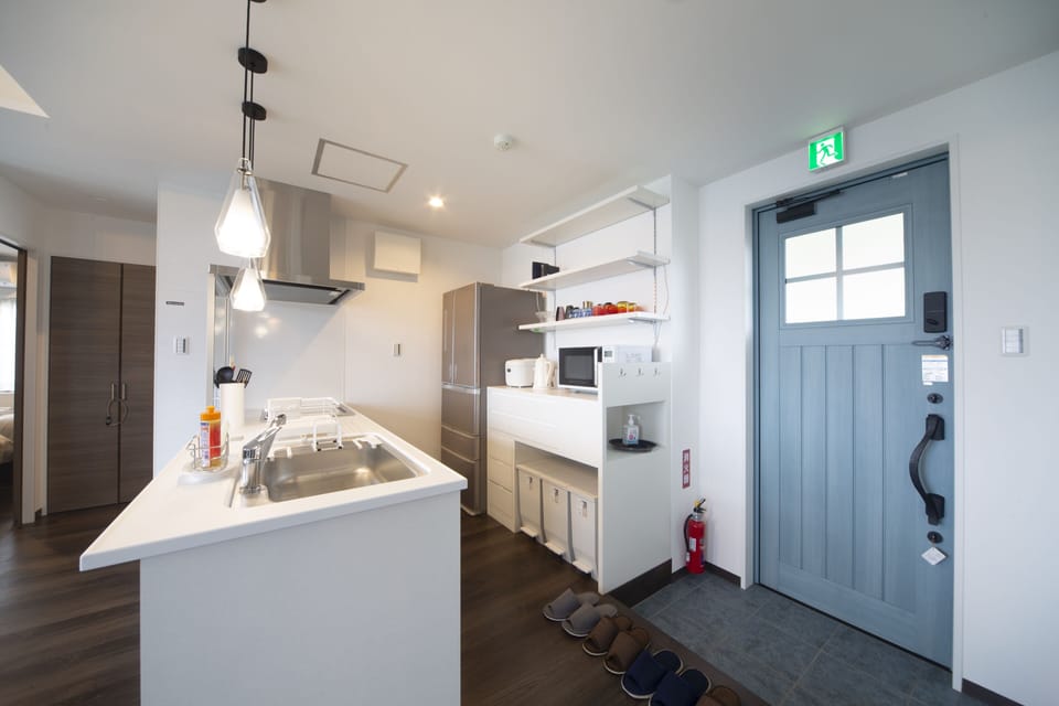 Fridge, dining table