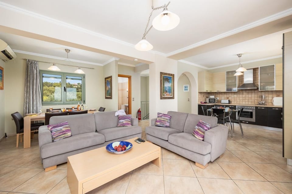 Open-plan living room with sofas, dining areas, kitchen, ornamental fireplace, A/C, WiFi internet, satellite TV, and sea views