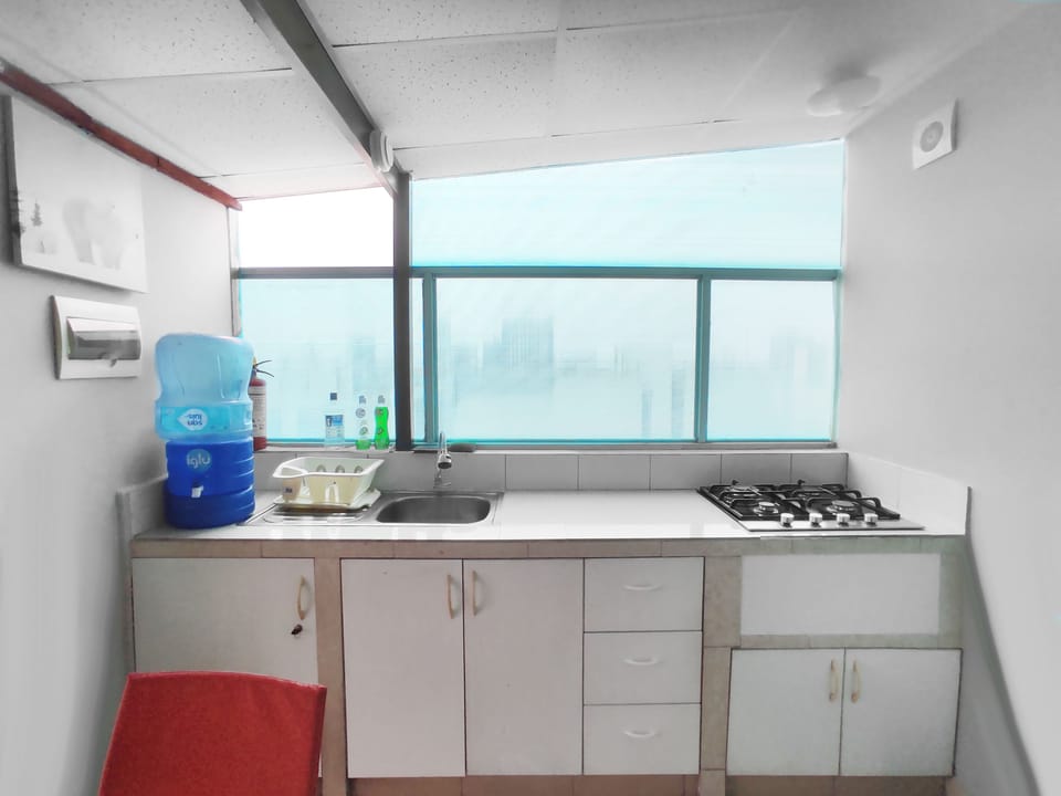 Equipped kitchen with utensils, fridge and microwave.