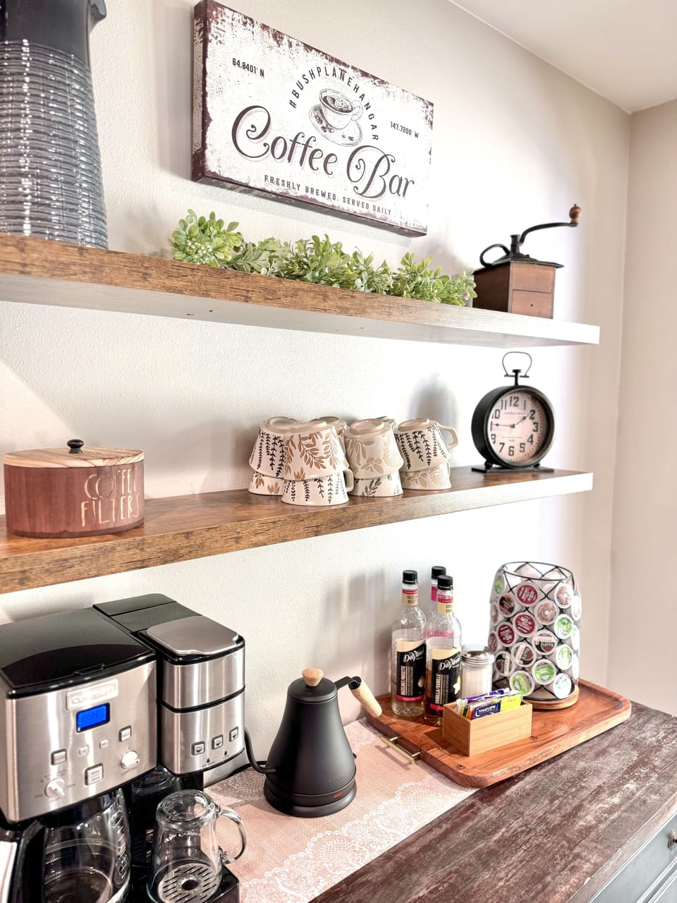 Coffee bar with flavored syrups and selections of tea/ hot cocoa!