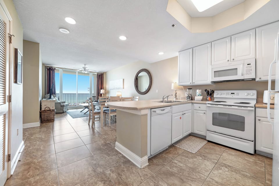 Kitchen overlooks the dining and living area