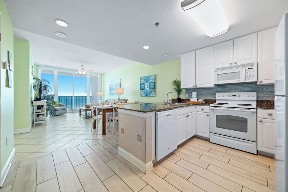 Kitchen overlooks the dining and living area