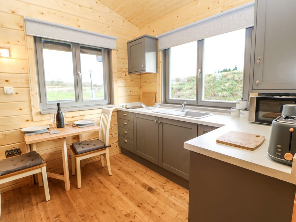 Fridge, microwave, electric kettle, toaster