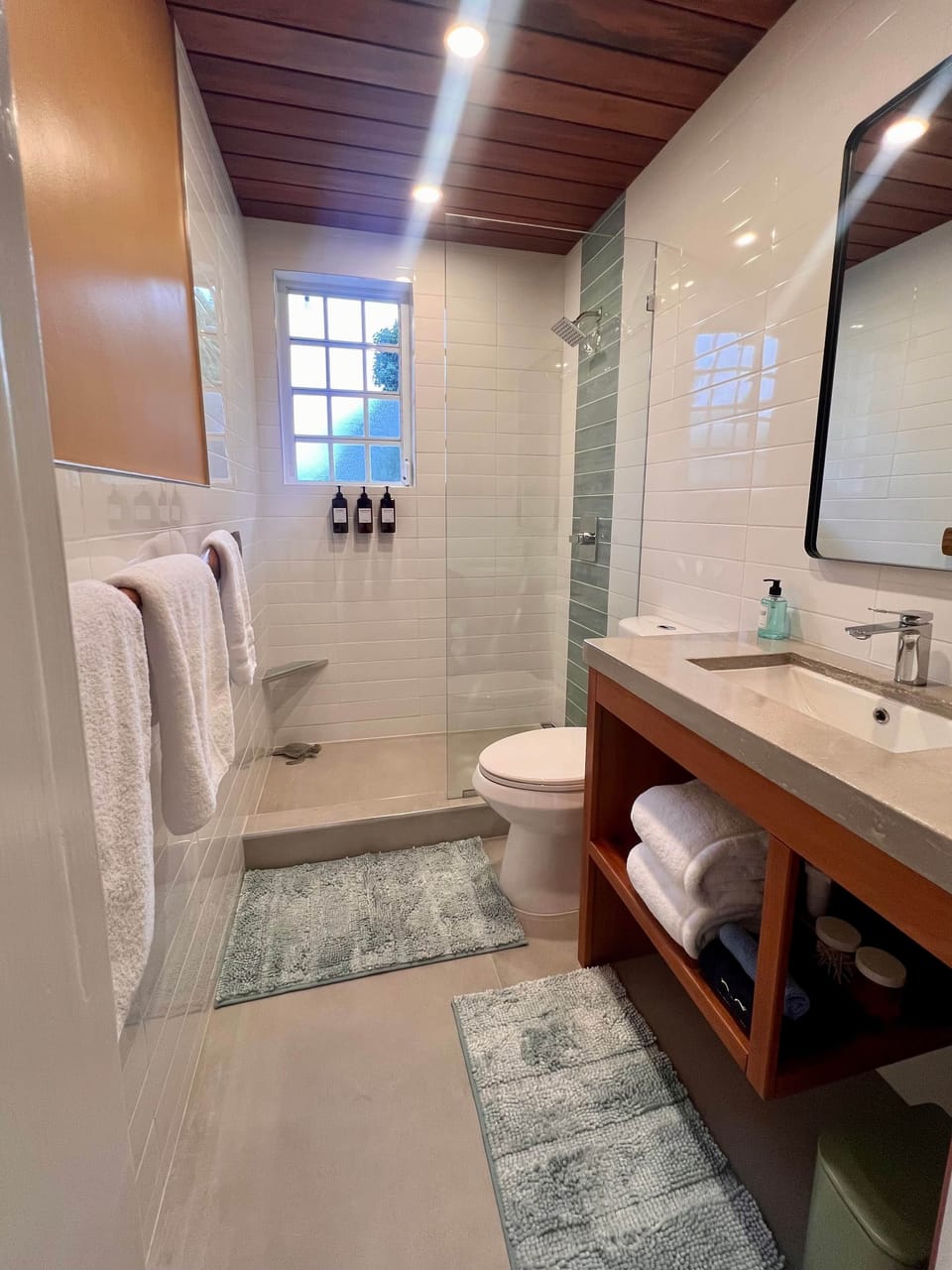 Bathroom with walk-in shower, Shampoo, conditioner and body soap.