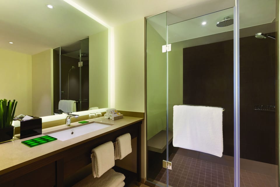 Shower, designer toiletries, hair dryer, slippers