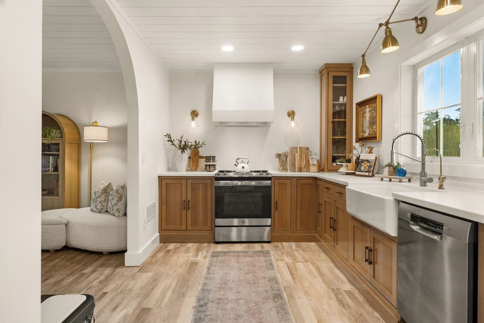 Kitchen with dining room to the left