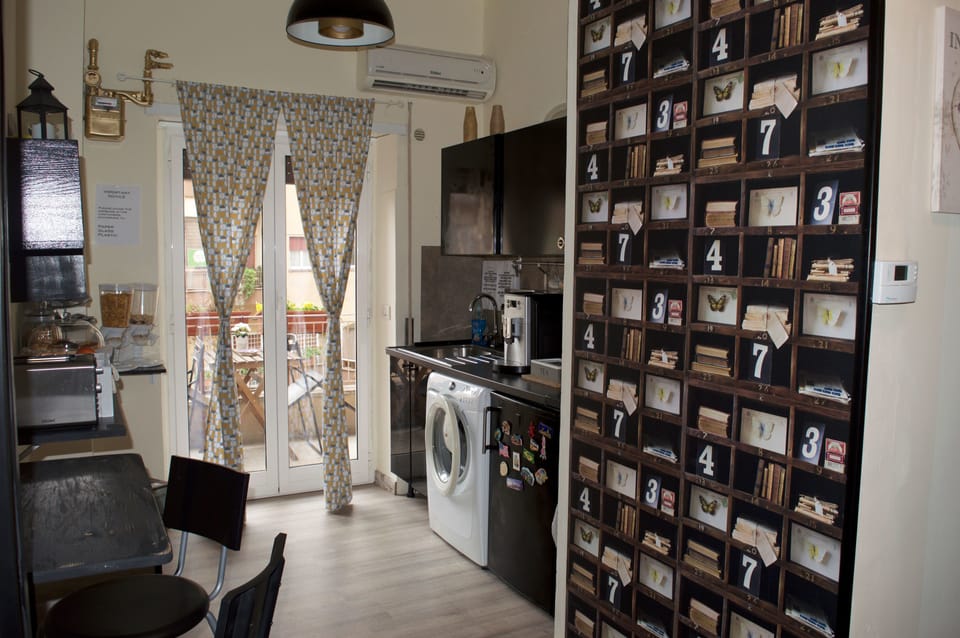 Fridge, microwave, toaster, cookware/dishes/utensils