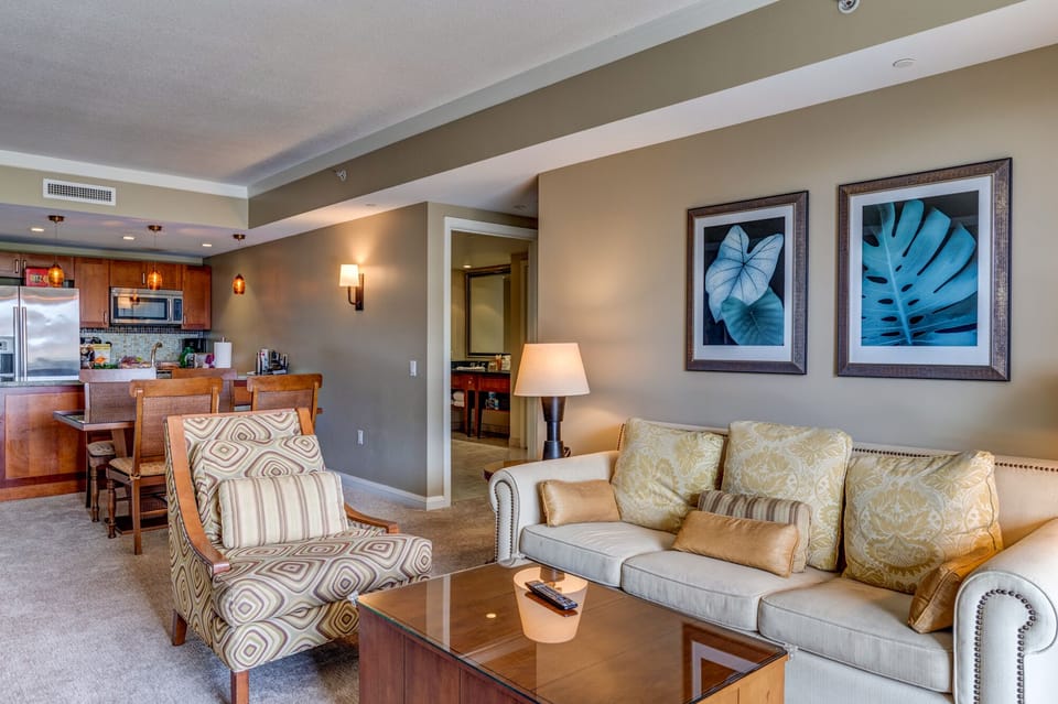 Living room, dining room, and kitchen.