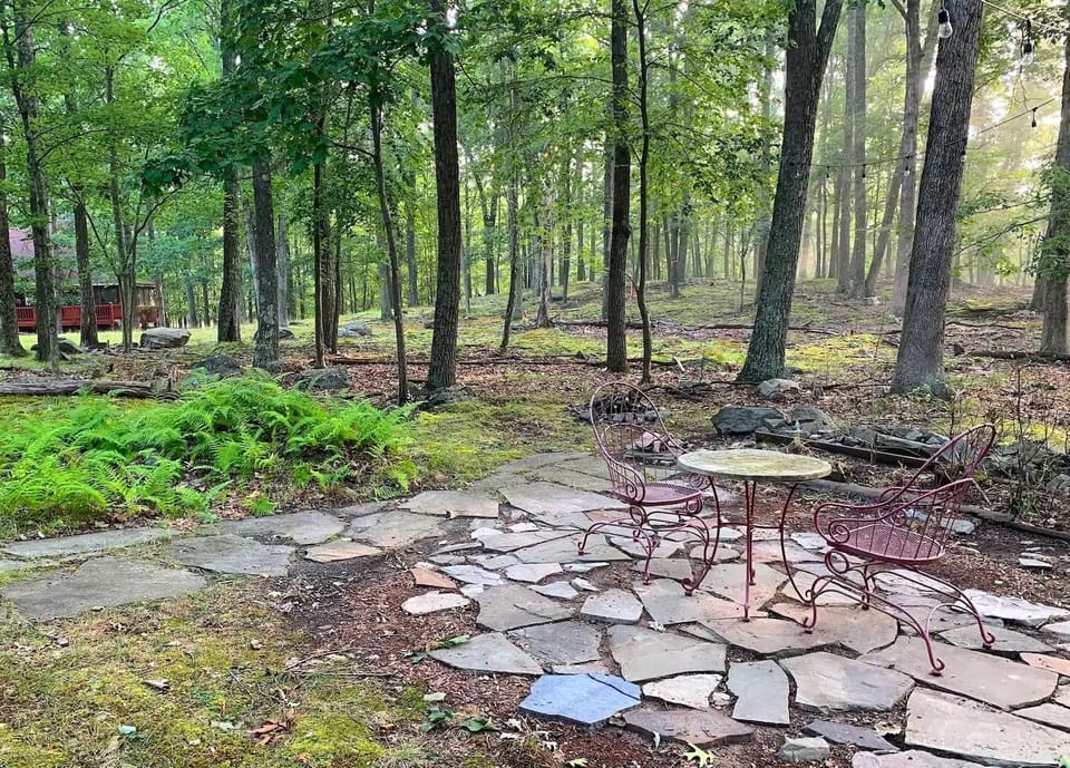 Quiet backyard with fire pit.