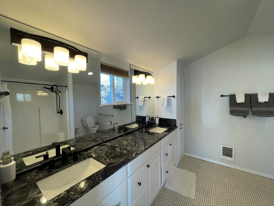 Master bathroom with walk-in shower and safety grab bar.