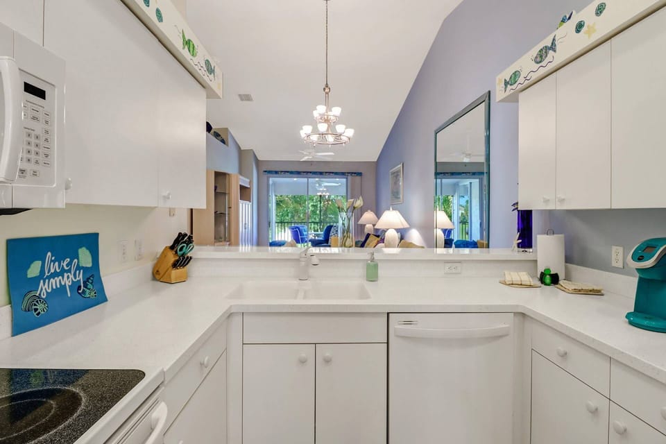 Cookware, dinnerware and many electrical appliances are provided for your convenience, including a Keurig coffee maker.
