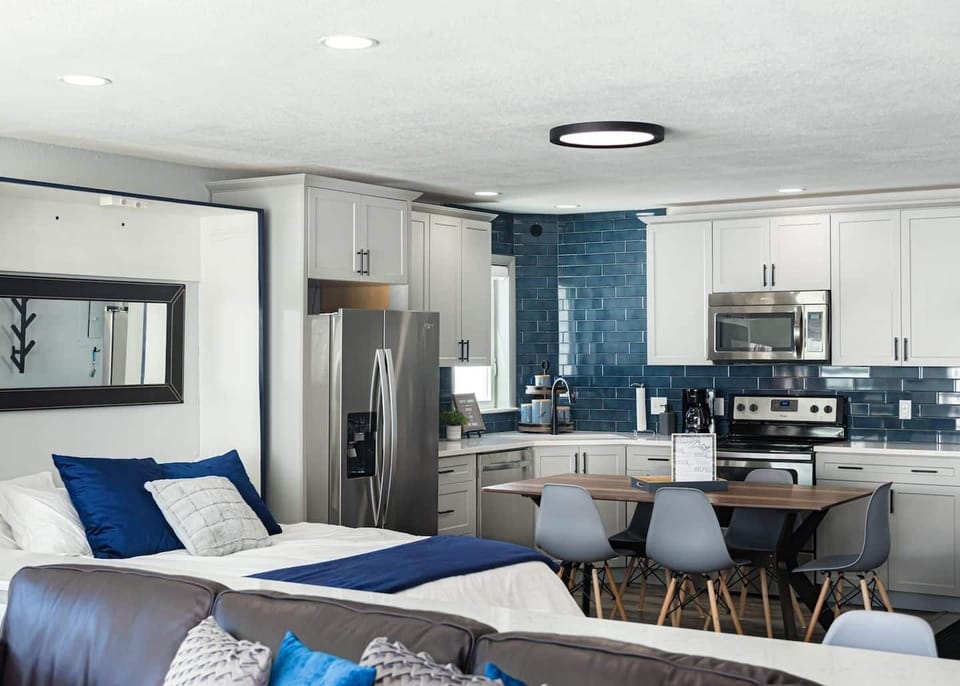 Main living area with the full size Murphy bed folded down