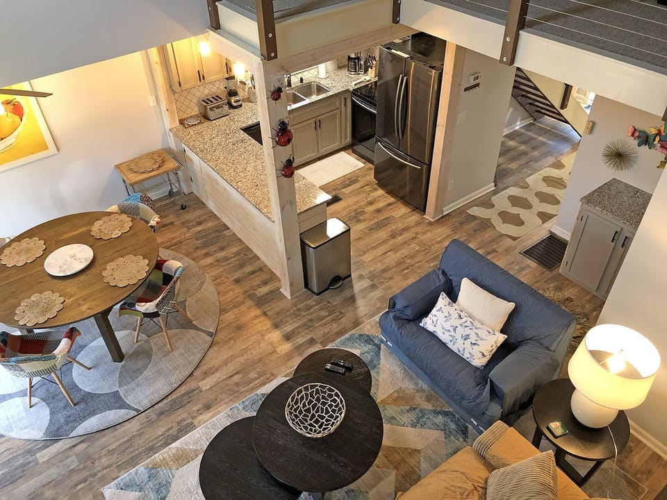 Layout: Open Floor Plan Main Level has easy, no-steps access from the parking area.  This Main Level has a Master Suite with private Bath, Kitchen, Family Room, Dining, 2nd Bedroom and another Full Bath.